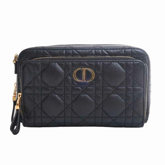 CHRISTIAN DIOR Handbags - Christian Dior Canage Leather Caro Double Pouch Shoulder Bag Black Women's